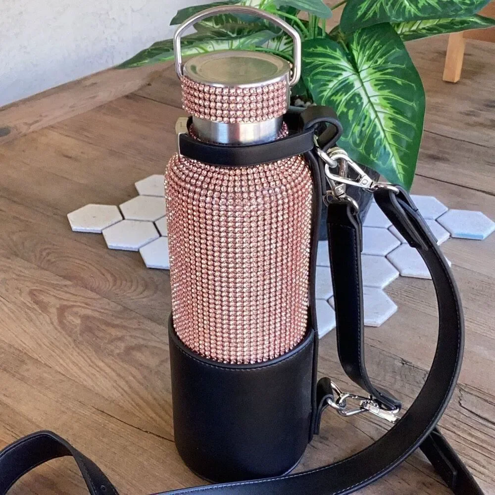 New Tomo Rhinestone Water Bottle w/ Vegan Leather Glam Bag Holder Rose Gold